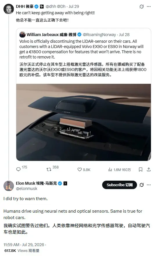 马斯克补刀:我早警告过你们!沃尔沃激光雷达梦碎,1.4万赔偿打水漂 -1 马斯克补刀:我早警告过你们!沃尔沃激光雷达梦碎,1.4万赔偿打水漂 -1